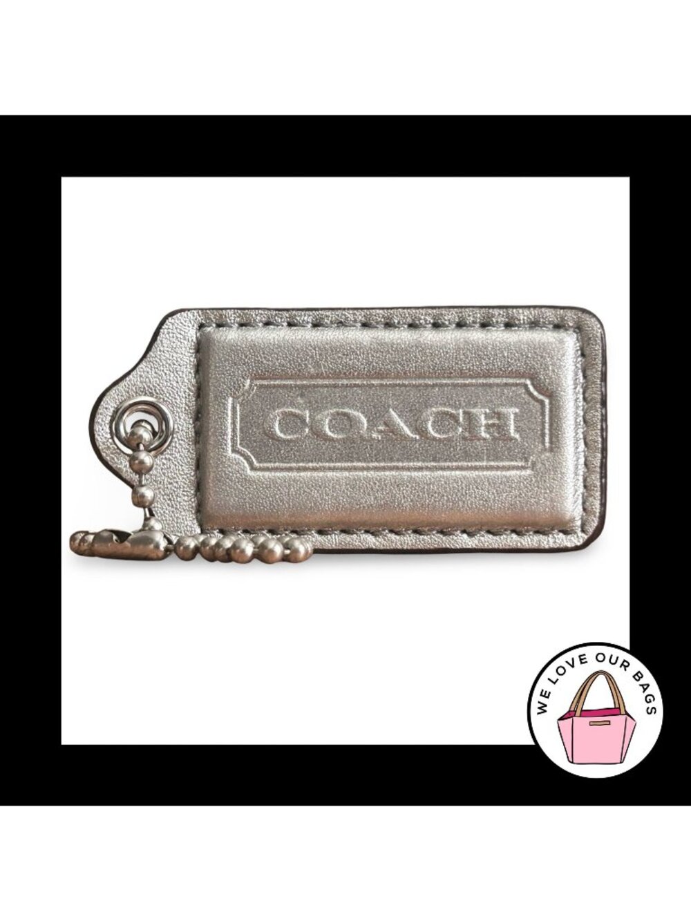 COACH HANG TAG 2.5" Silver Metallic Matte Leather Bag Charm Keychain Fob Large